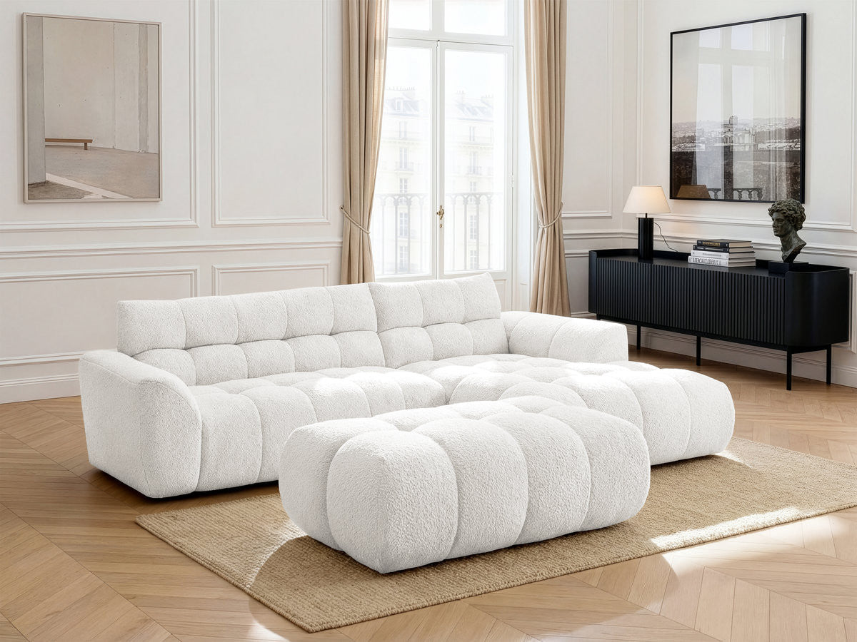 Hjørnesofa JAYA i chenille med puff