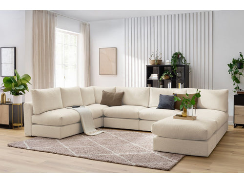 Hjørnesofa 100% modulær PARIS i bouclé-stoff 3 sittemoduler, 1 sjeselong, 1 hjørne, 1 puff