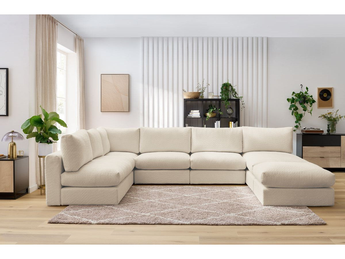 Hjørnesofa 100% modulær PARIS i bouclé-stoff 3 sittemoduler, 1 sjeselong, 1 hjørne, 1 puff