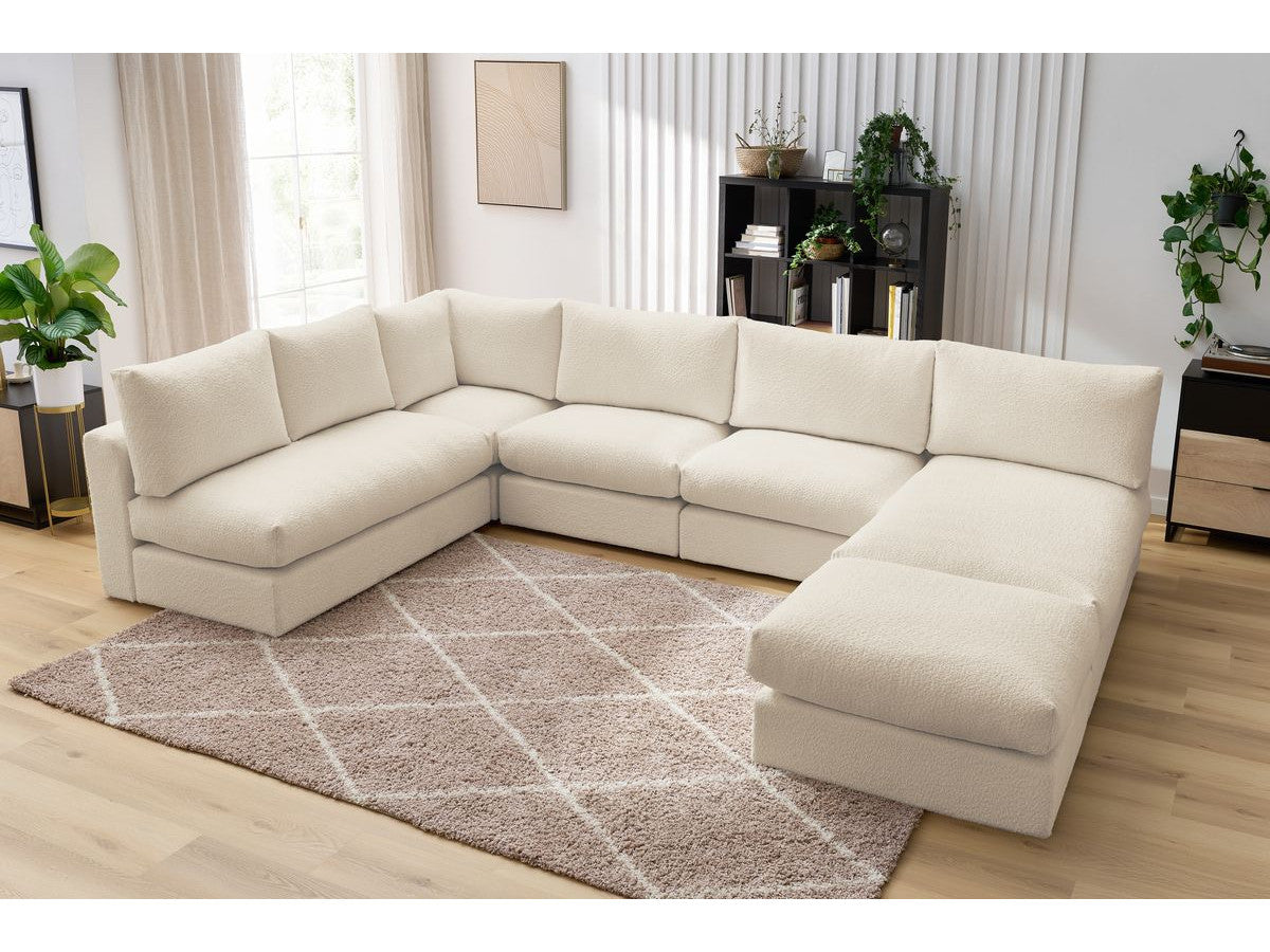 Hjørnesofa 100% modulær PARIS i bouclé-stoff 3 sittemoduler, 1 sjeselong, 1 hjørne, 1 puff