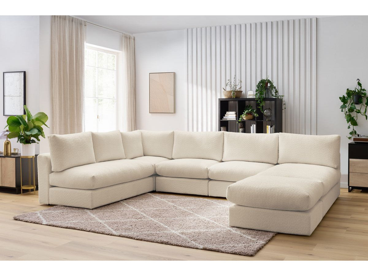 Hjørnesofa 100% modulær PARIS i bouclé-stoff 3 sittemoduler, 1 sjeselong, 1 hjørne, 1 puff