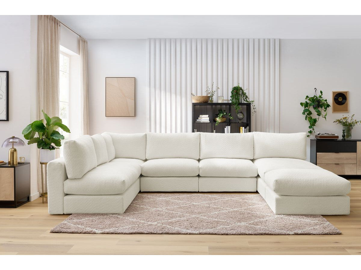 Hjørnesofa 100% modulær PARIS i bouclé-stoff 3 sittemoduler, 1 sjeselong, 1 hjørne, 1 puff