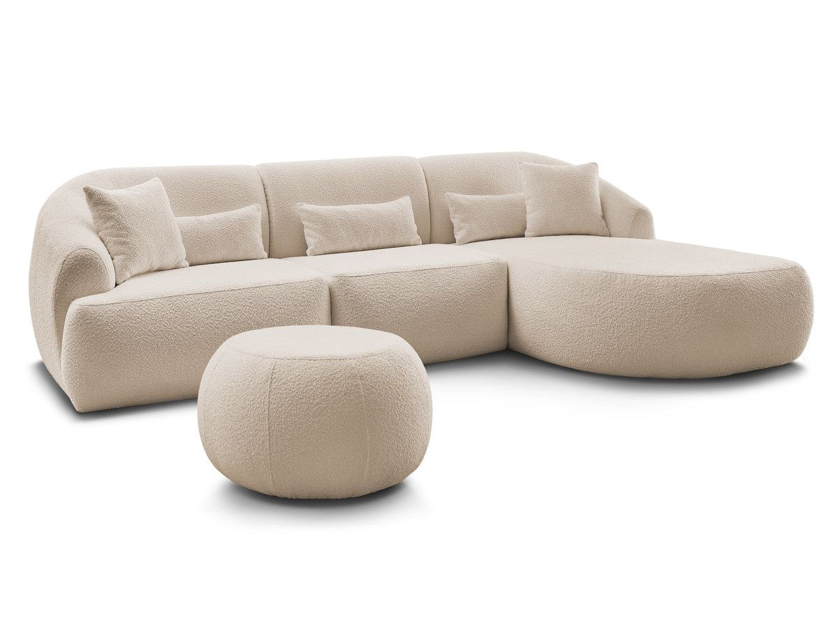 Hjørnesofa ALESIA i bouclé-stoff med puff