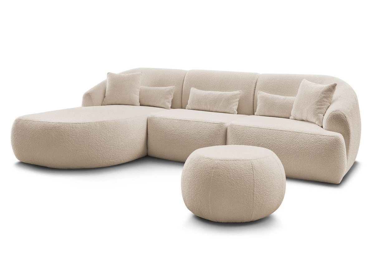 Hjørnesofa ALESIA i bouclé-stoff med puff