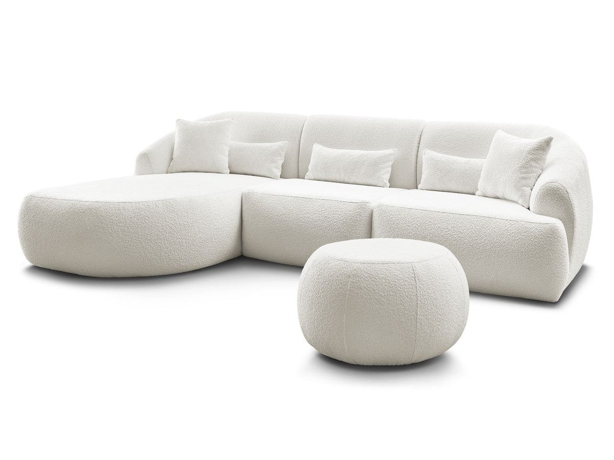 Hjørnesofa ALESIA i bouclé-stoff med puff