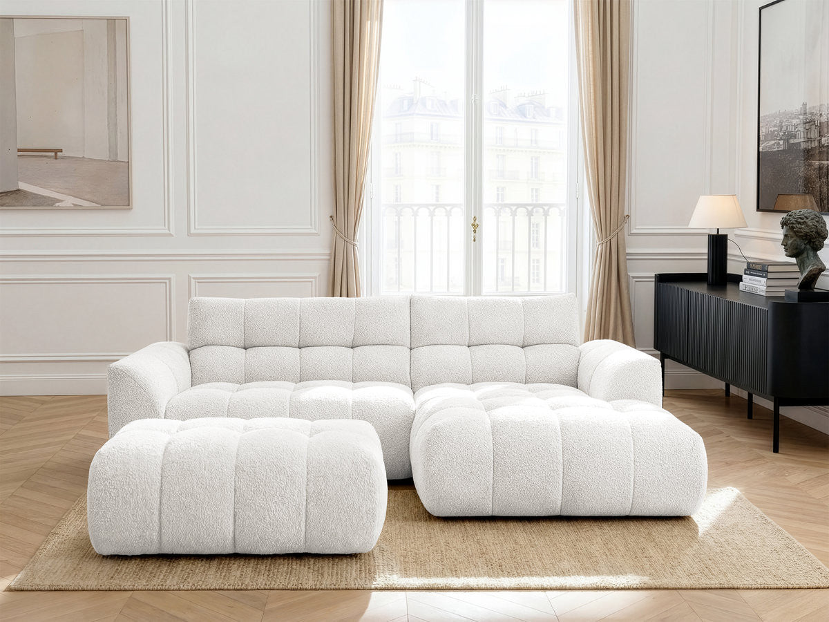 Hjørnesofa JAYA i chenille med puff