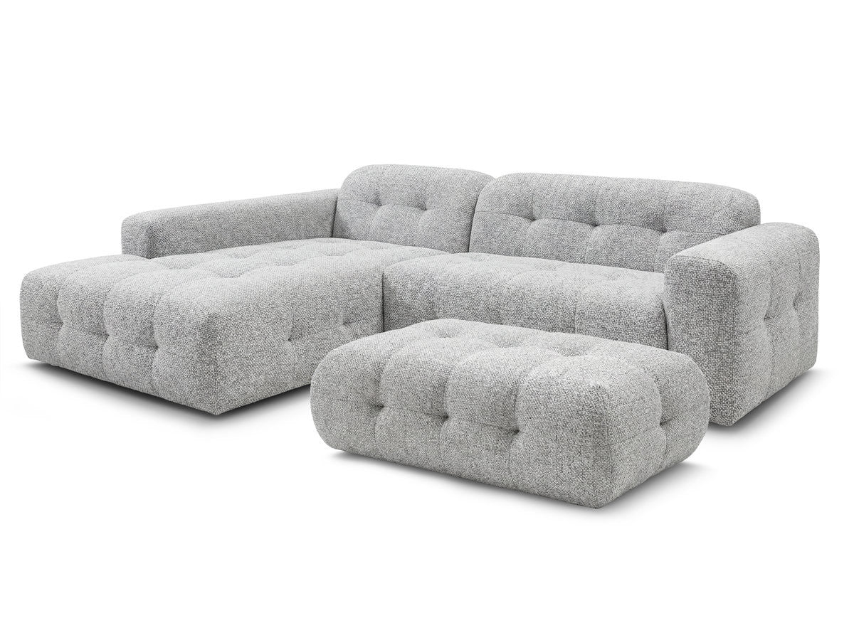 Hjørnesofa LAURA i melert stoff med stor puff